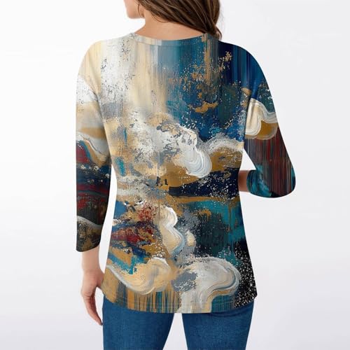Women's Casual Top 3/4 Sleeve Shirt V-Neck Loose Fashionable Shirt Textured Print Stylish T-Shirt3