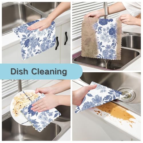 Image of Cotton Kitchen Dish Cloths, Blue Grey Flower Pattern Ultra Soft Absorbent Quick Drying Dish Towels, 11 x 11 Inches, 6-Pack, Reusable Cleaning Cloths