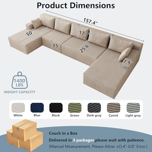 Image of 160 inch Cloud Sectional Couch,Modern U-Shaped Cloud Couch with Deep Seat,Comfy Corduroy Sofa,Memory Foam Sofa for Living Room,No Assembly (Camel)