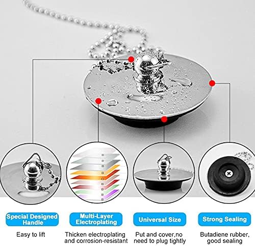Universal Bath Plug 42mm, Plated Metal Bath Basin Shower Plug Stopper, Chrome Bathtub Sink Stopper, Rubber Sink Plug Drain Cover, 45cm Metal Ball Chain, for Bathtub Sink Bathroom Kitchen