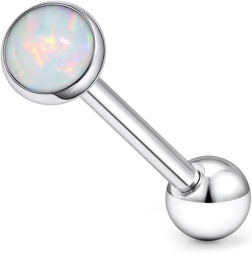 F136 Titanium Flat Buttom Multicolor Bezel Opal Tongue Rings Piercing Jewelry for Women Men 14g 5/8in 16mm Metal Tounge Barbell Charms Hypoallergenic