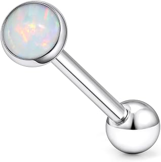 F136 Titanium Flat Buttom Multicolor Bezel Opal Tongue Rings Piercing Jewelry for Women Men 14g 5/8in 16mm Metal Tounge Barbell Charms Hypoallergenic