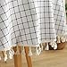 AMZALI Checkered Tassel Tablecloth Washable Cotton Linen Tablecloths Dust-Proof Table Cover for Kitchen Dinning Tabletop Decoration (Round, 60 Inch, White/Blue)
