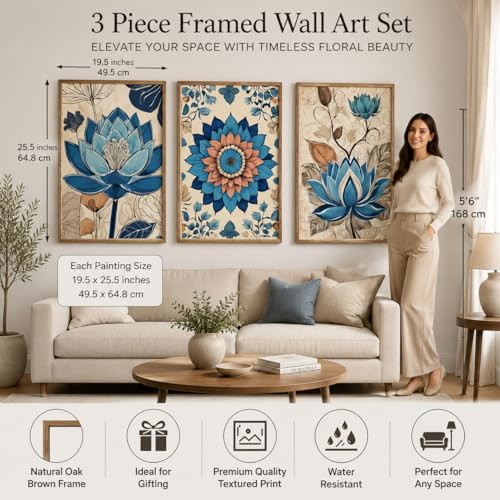 Image of Livin'luxe Set of 3 Blue Lotus Floral Wall Paintings for Living Room Bedroom Home Decor, Textured Artwork with Premium Wooden Color Synthetic Frame (25.5 x 19.5 Inch) NM03-53