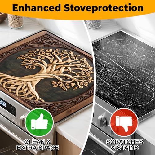 Image of Tree of Life Stove Top Cover Retro Flower Gas Stove Top Cover for Home Decoration Kitchen Pad Non-Stick Washable Cooktop Covers Countertop Protector Keep Stove Clean 28 inchx20 inch