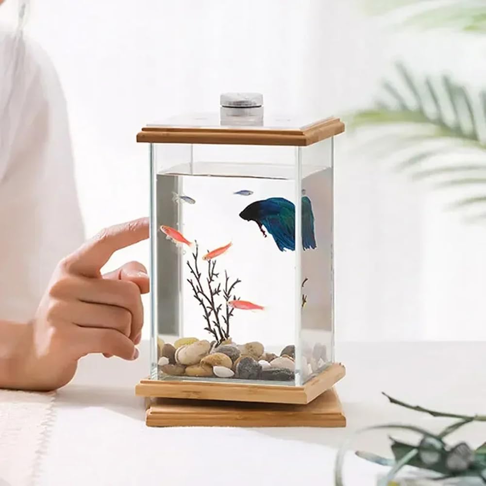Betta Fish Tank, bambusowa plastikowa obrotowa miska na ryby z lekką pokrywką, przezroczyste 360° ozdobne akwarium do dekoracji wnętrz, do użytku na biurku, przezroczysta, prostokątna konstrukcja