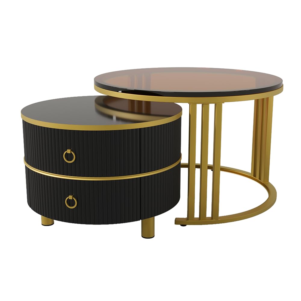 Table basse de salon combinée ronde noire avec plateau brillant et verre trempé