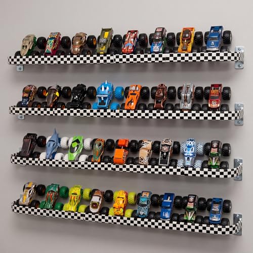 Woanger 4 Pcs Monster Truck Display Shelves Black & White Checkered Adjustable Wall Storage Organizer 18-28 Inch for Diecast Monster Trucks Toy Racing Car & Collectibles for Bedroom Game Room Decor