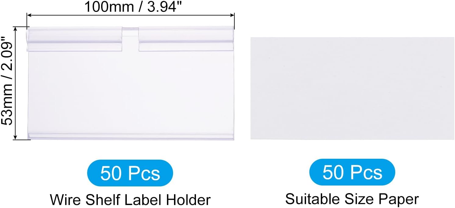 PATIKIL 50 Pcs Wire Shelf Label Holder, Plastic Storage Bins Clip Merchandise Sign Display Holder Label Holders for Market, Retail Shop, and Pantry(2.09x3.94 inch)