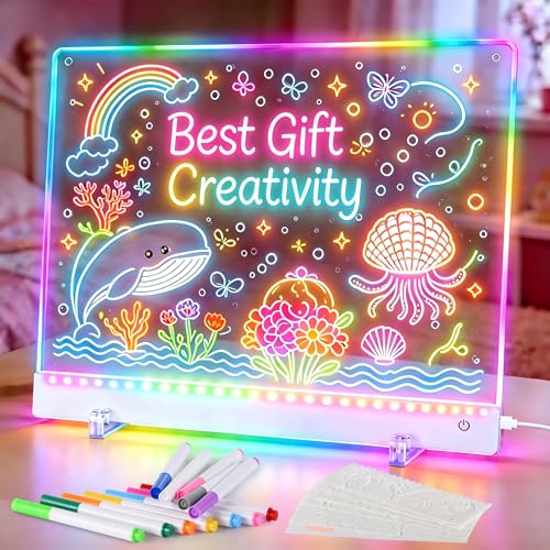 Led Drawing Board for Kids, 16.5IN Light Up Drawing Tablet, Doodle Glow Drawing Pad with 11 Light Effects, Birthday Kindergarten Graduation Gifts for Kids Girls Teens Grandson, Stencils & 12 Markers
