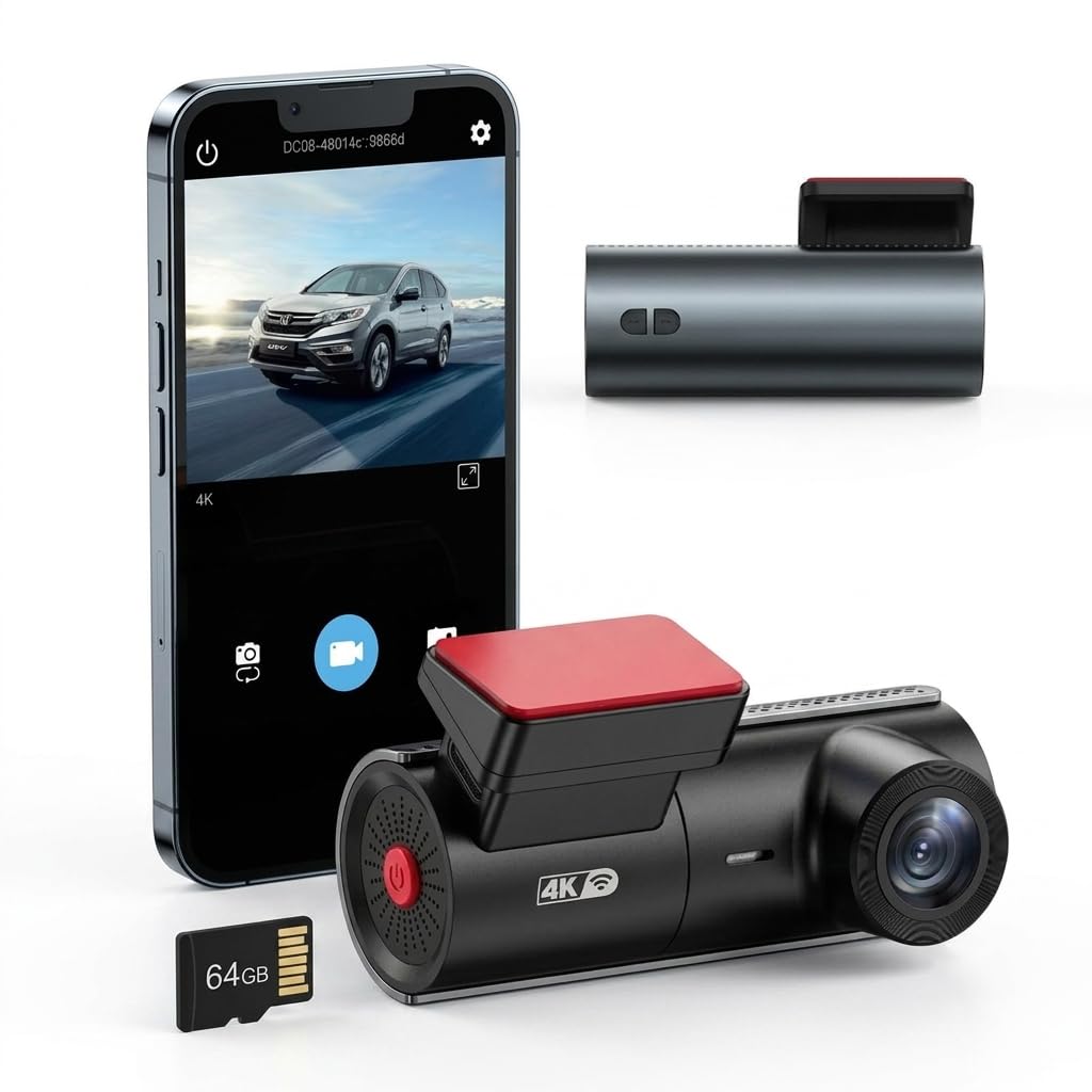 LAMTTO Dashcam anteriore per auto, 4K, con scheda WiFi SD, WDR, visione notturna, sensore G | Mini dash cam 4K UHD con registrazione in loop, grandangolo di 170°