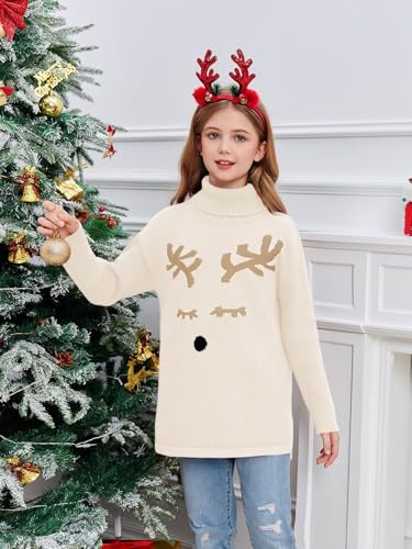Image of Haloumoning Girls Christmas Sweater Kids Oversized Turtleneck Cute Reindeer Sweaters with Side Slit