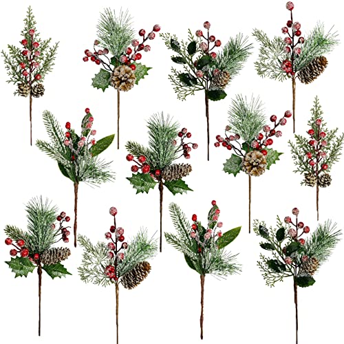 Plcnn 12 Stück künstliche Weihnachtsspieße Weihnachtsbaum Tannenzweige künstliche Tannenspieße Spray mit Tannenzapfen für Weihnachten Urlaub Saison Dekor, Grün Cover