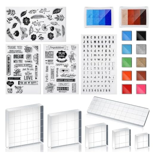 22 Pieces Acrylic Stamp Blocks Tools Set Include 6 Stamp Blocks Acrylic Stamping Clear Block, 4 Transparent Silicone Clear Stamps Seal, 12 Craft Ink Pad Stamp Pad for Scrapbooking Card Making