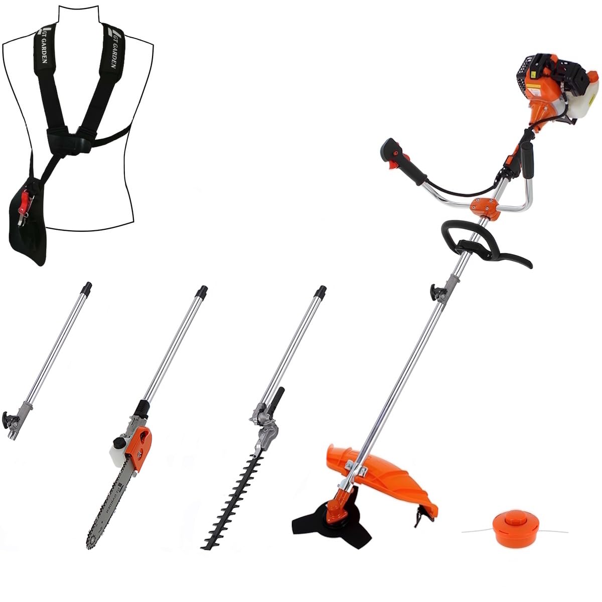 GT Garden Multifonction Thermique 4 en 1 avec Guidon : tronçonneuse - débroussailleuse - Taille-​Haies et rallonge