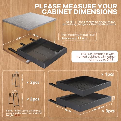 4Pack Expandable Pull Out Cabinet Organizer 21"Deep With Raising Pad for Framed Cabinets,Slide Out Drawers with 4pcs Divider Racks,Roll Out Shelves Adhesive,Adjustable Width 12.05"-20.4"Black