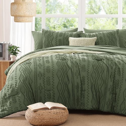 Image of AMBERSPACE Queen Comforter Set Olive Green, Tufted Farmhouse Bedding Boho Bed Set, All Season 7 Pieces Bed in a Bag with Sheets, Pillowcases & Shams