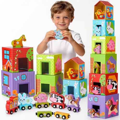 Atoylink Stacking Blocks Nesting Toys with Magnetic Animal Train, 6 Farm Cubes Number Learning Set for Toddlers 18M-6Y, Montessori Educational...