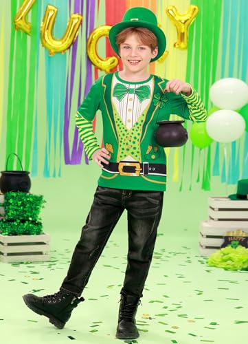 Image of Unisex Kid's St Patrick's Day Shamrock Top Striped Patchwork Irish Clover Long Sleeve Shirt 4-14 Years