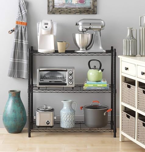 Image of Premium Heavy-Duty 3-Tier Black Metal Wire Storage Rack Shelf Organizer | Adjustable Multipurpose Freestanding Shelving Unit for Home, Office, Kitchen | Size 14 inch D x 30 inch W x 30 inch H Inch
