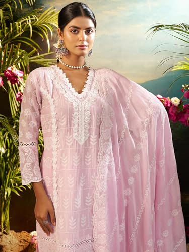 Image of INDO ERA Women's Straight Pure Cotton Ethnic Motifs Embroidered Kurta & Pant with Dupatta Set (IEOUT10190)