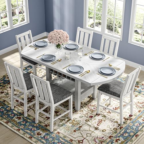 Peatuk Solid Wood Dining Table Set for 6, Modern Breakfast Dinette Expandable Drop Leaf Kitchen Table with Chairs for Dining Room, Kitchen, Grey