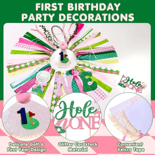 Image of Golf Hole in One Highchair Banner for First Birthday Party Decorations | Pink Green Golf High Chair Fabric Banner for 1st Birthday Backdrop Decorations Photo Props Baby Shower Party Supplies