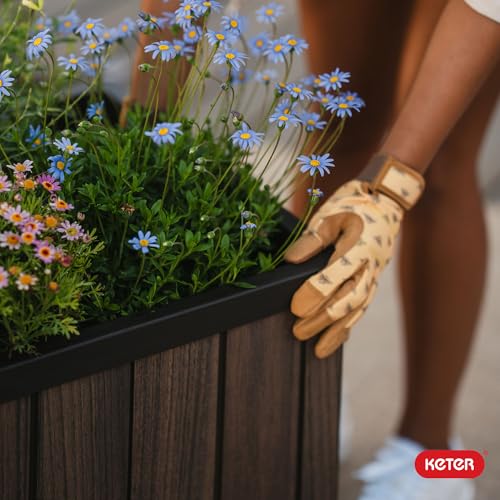 Image of Keter Signature 21.6 Inch Tall Square Large Wood Look Planter for Indoor or Outdoor Flower Pot Ideal for Patio Deck and Front Porch Decor, Rosewood