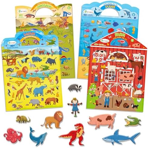 D-FantiX 3D Puffy Stickers for Kids Ages 4-8, Reusable Sticker Books for Toddlers 2-4 Years, Farm Dinosaur Ocean Safari, Car Road Trip Activities, Airplane Travel Toys, Birthday Gifts for Boys Girls