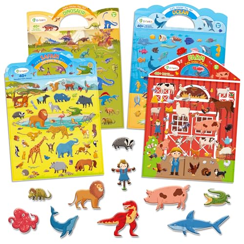D-FantiX 3D Aufkleber für Kinder 3 4 5 6 7 8 Jahre, 4 Stück Wiederverwendbares Stickerbuch für Jungen Mädchen, Bauernhof Dinosaurier Ozean Safari, beschäftigung autofahrt Kinder reisebeschäftigung
