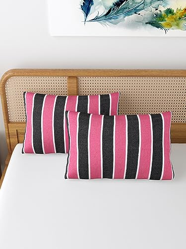 Image of 180 TC Pillow Cover Set of 2 | Pillow Cover Cotton 100% | Pillow Cover Set of 2 King Size | Wrinkle Free & Fade Resistance | Striped Pattern | Standard Size | All Season Use (Pink & Black)