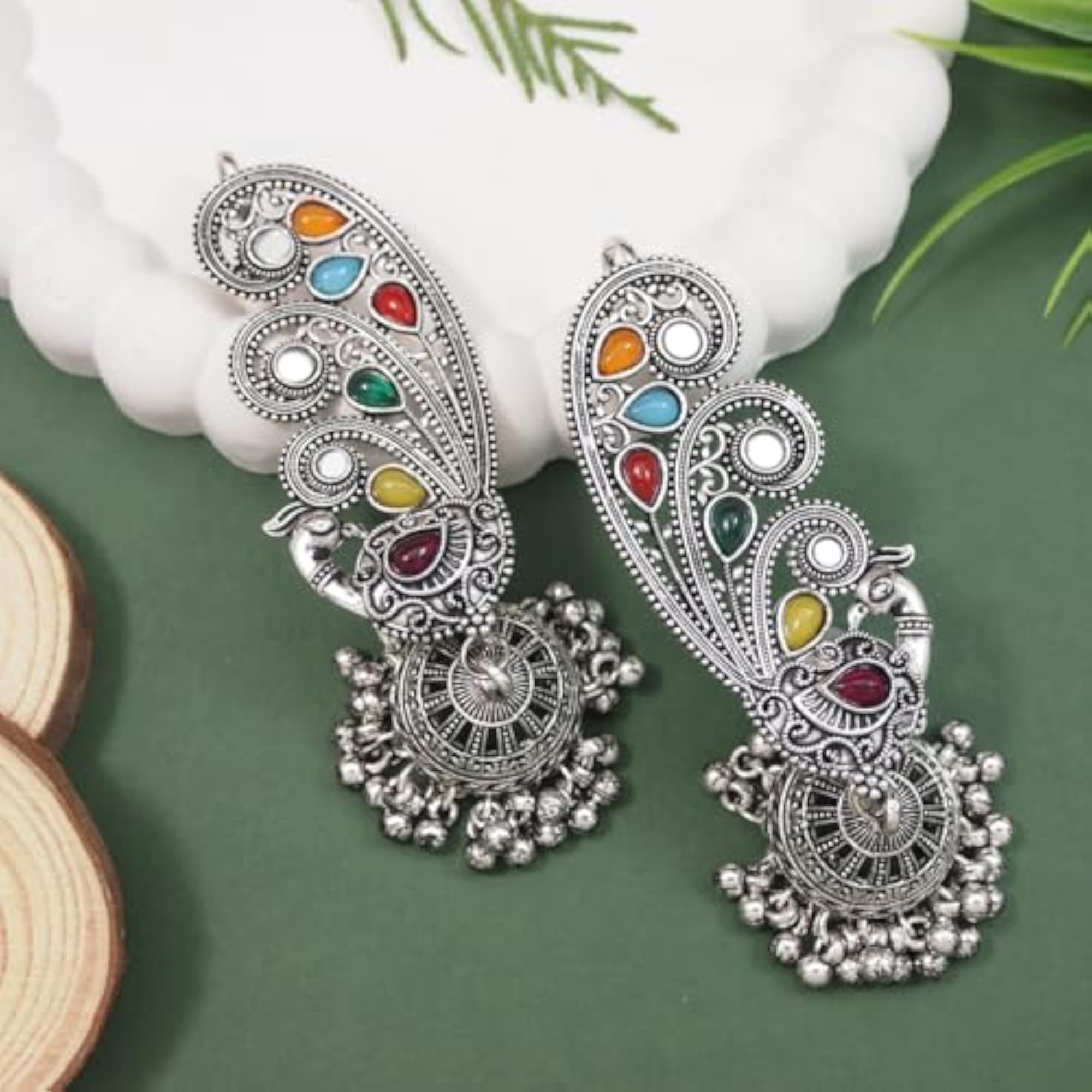 Women's Navratri Silver Oxidised Paisley Ear Cuffs with Jhumka Drops