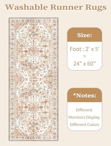 SERISSA Boho Washable Runner Rug, 2x5 Non-Slip Vintage Peach Cream Hallway Kitchen Runner Rug Ultra Soft Print Distressed Floor Carpet for Bedroom Bathroom Laundry Living Room