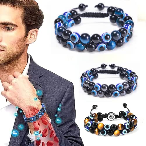 Evil Eye Beaded Bracelet For Women Men Tiger Eye Bracelet Evil Eye Bracelets Pack Mens Beaded Bracelet Eye Bracelet For Protection 8Mm Natural Stone Elastic Yoga Agate Beads Protection Bracelet For Men Women (2 Evil Eye & Blue Tiger Eye) #TOP7