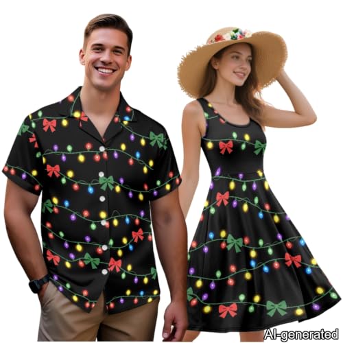 Image of Dreaweet Summer Dresses for Women A-Line Sleeveless Flowy Sun Dresses,Men's Casual Button-Down Shirts,Couple Matching Outfits