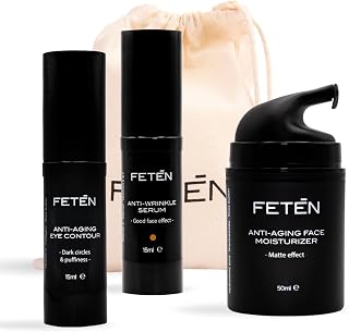 FETEN Coffret Soin Homme - Set Anti-Âge Hydratant avec Crème Visage Anti-Rides, Contour des Yeux Anti-Cernes et Sérum Vitamine C - Kit Cosmétique et Soin du Visage Homme