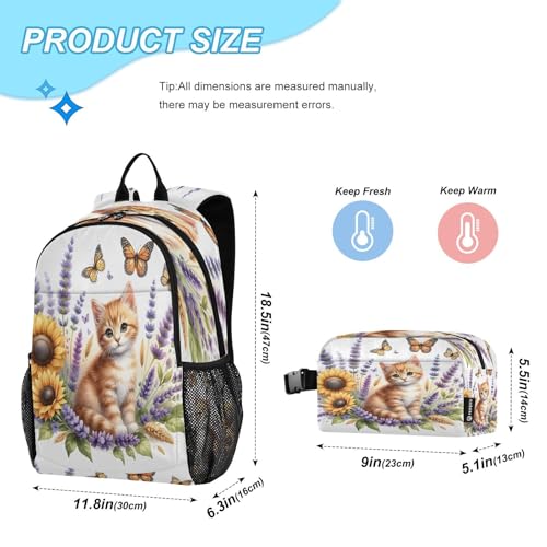 ALAZA Cute Kitten Cat with Lavender Flowers Kids Backpack Elementary Girls Boys Bookbag Rucksack Primary School Bag Backpack Set with Lunch Bag2