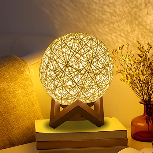 YATOSEEN Lampe de Table Lune, Lampe Lune de Chevet LED Avec Abat-jour Tissé à La Main, Veilleuse Usb Avec Support En Bois, Lampe de Nuit pour Chambre, Chambre D'enfant Et Salon