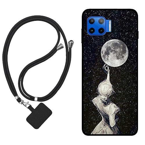 Sunrive Funda Compatible con Motorola Moto G 5G Plus,Slim Fit Gel Mate Carcasa Case Bumper de Impactos y Anti-Arañazos Espalda Cover (Sombra de Espalda,Luna,Estrellas)+1 X Correa Universal