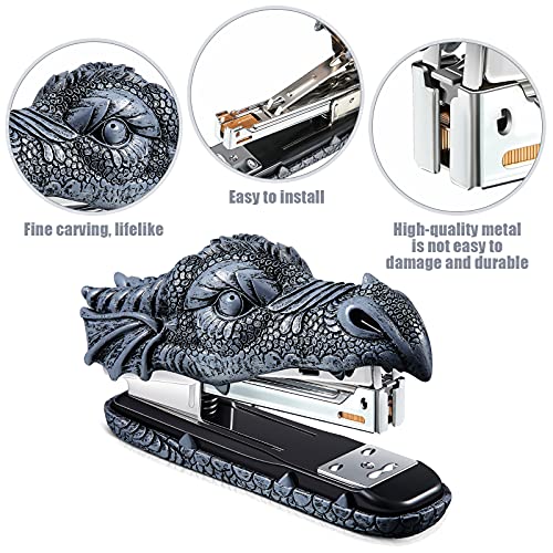 Dragon Stapler With 2000 Staples, Dragon Head Stapler Kids Novelty Stapler Funny Carving Resin Faucet Stapler For Office Desk Stationery Desktop Accessory Home Decor (Grey) #TOP2