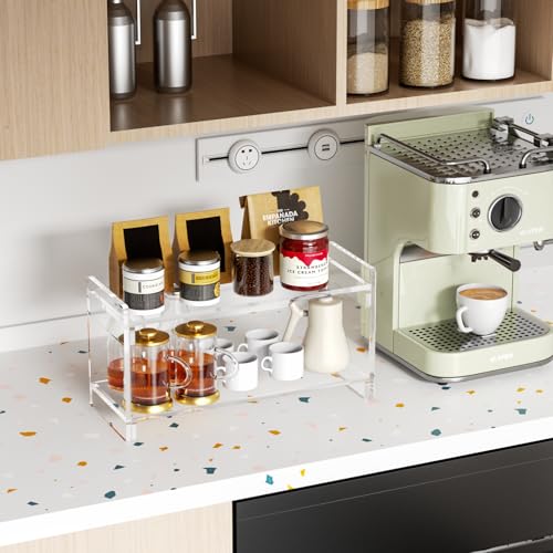 YUNEASELF Coffee Station Organizer Countertup: Coffee Bar Accessories - 2 Tier Kitchen Acrylic Storage Shelf for Placing Mugs Beans Syrup Cups Stirrers