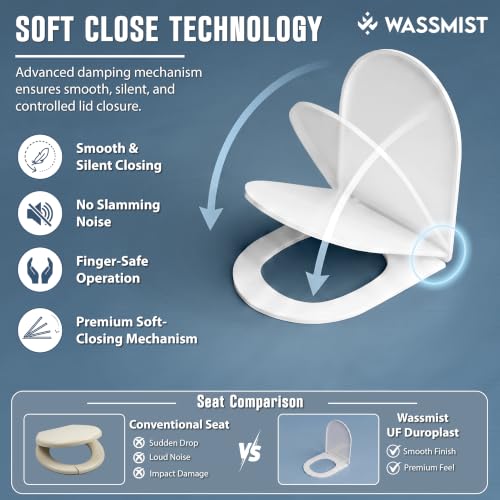 Image of WASSMIST Toilet Seat Cover Set | Premium UF QQ Hinged Toilet Seat Cover with One Touch Quick Release | Soft Close Anti-Bacterial Commode Seat Cover