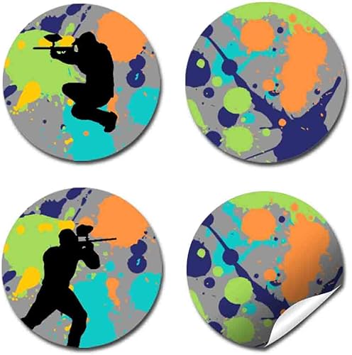 Miniatura 7 de AmandaCreation - Etiquetas adhesivas para fiestas de cumpleaños con temática de paintball, 300 adhesivos circulares de fiesta de 0.75 pulgadas para