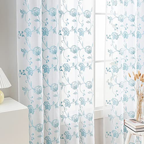 Image of Blue Sheer Curtains Embroidery 63 Inch Length Rod Pocket Voile Drapes for Living room, Bedroom, Window Treatments Semi Flower Pattern Curtain Panels for Kitchen, Yard, Farmhouse, Set of 2, 52 inchx 63 inch.