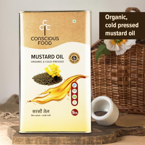 Image of Conscious Food Cold Pressed Black Mustard Oil | 5 Litre | Natural | Pure & Unrefined | Rich Taste & Aroma | Sarso ka Tel | Kachi Ghani /Chekku