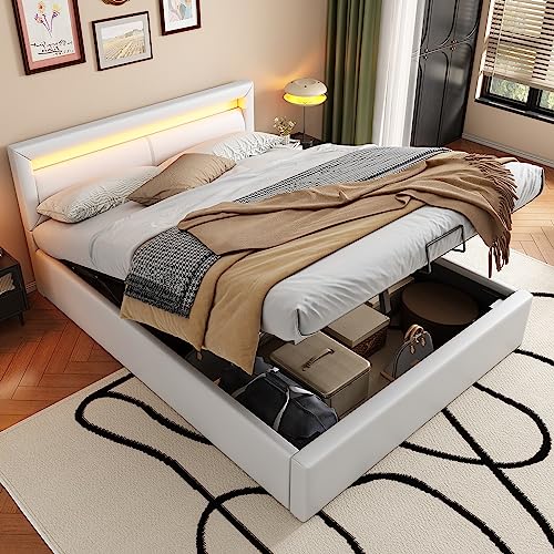 Letto Matrimoniale 140x200 con LED e Contenitore, Similpelle Bianco