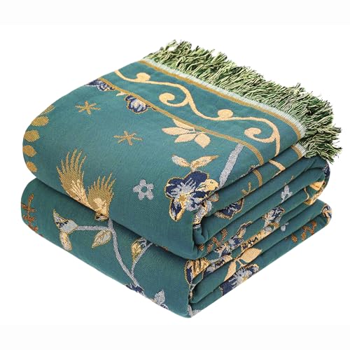 Boho 100% Organic Cotton Large Throw Blanket 50" x 60" - All Season Rustic Ultra Soft Breathable Floral Bird Blanket for Bed Sofa Couch Chair Bedspread Quilt Gift-Teal,Beige