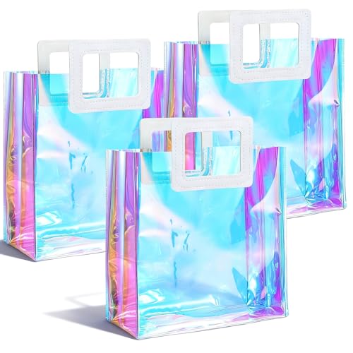 Sorcristy 3 Pack Holographic Gift Bags with Handles, 8.27 × 7.87 × 3.94 Inches Reusable Iridescent Gift Bags, Ombre Iridescent Transparent Gifts Wrap Bag for Women Girls
