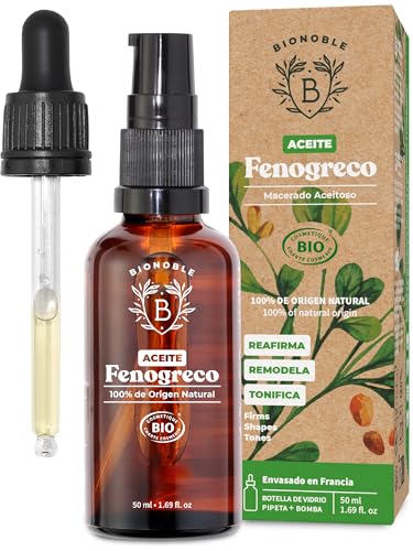 Bionoble Aceite de Fenogreco Orgánico 50ml - Aceite Macerado de Fenogreco y Aceite de Girasol - Cuerpo, Pecho, Glúteos, Cabello - Vegano y Cruelty Free - Botella de vidrio + Pipeta + Bomba