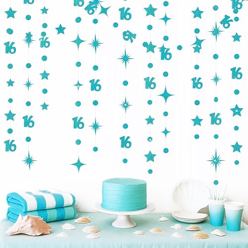 Image of Teal Blue 16th Birthday Decorations Number 16 Circle Dot Star Garland Glitter Streamer Banner Backdrop for Girls Boys Sweet Sixteen Cheers to 16 Years Old Birthday 16th Anniversary Party Supplies